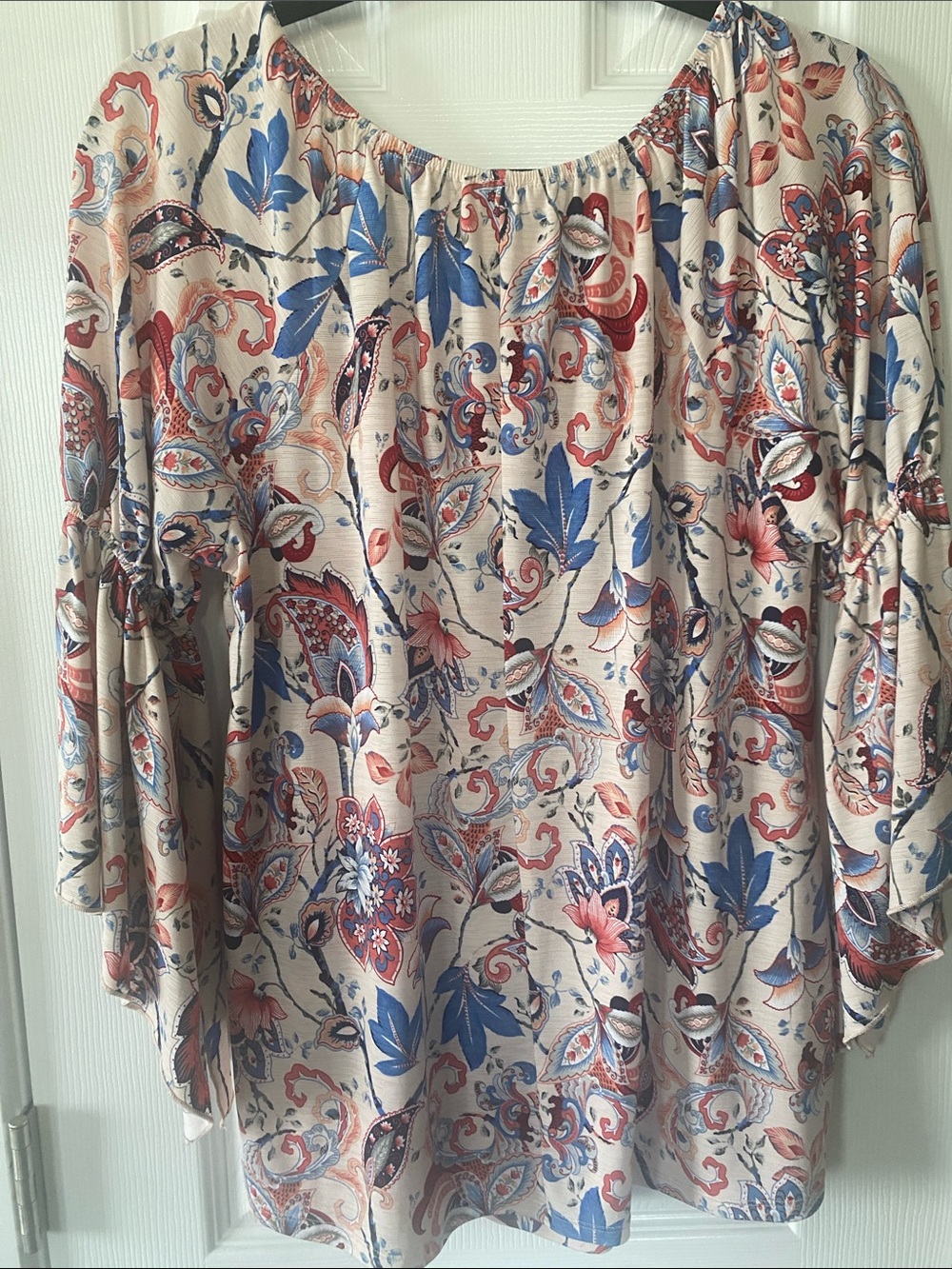 NAIF Tunic Light Pink Blue Red Coral Floral & Paisley Tie-Neck Split Sleeve Sz L - Picture 10 of 11